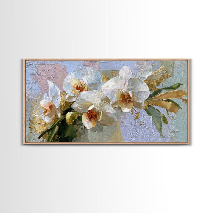 White Orchid and Gold Ribbon Composition Framed Canvas Print, Wedding Art, Custom Wedding Gift, Living Room Decor, Oil Painting, WED-2x1-92