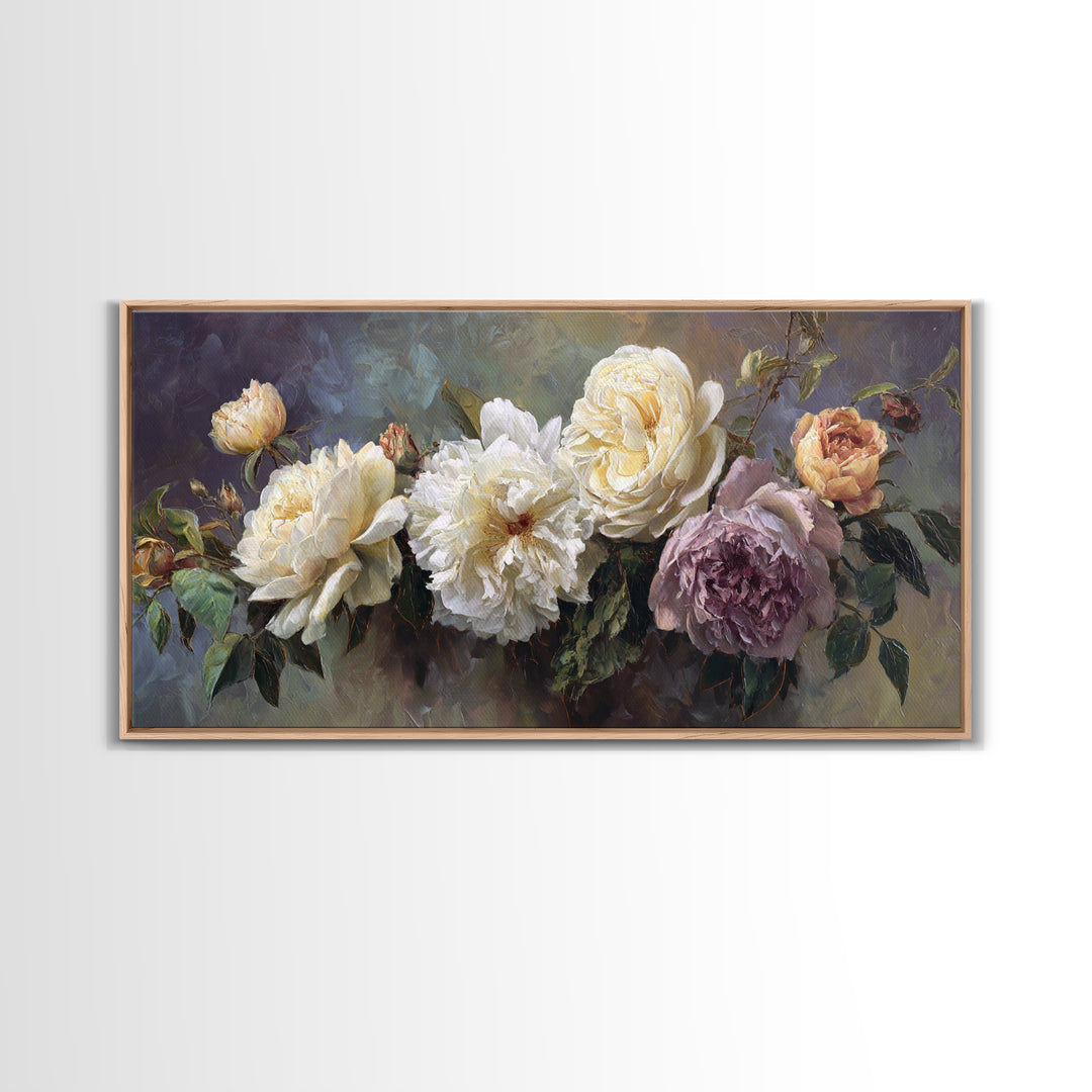 Romantic Bouquet of White Roses and Peonies Canvas Print, Wedding Art, Art Print, Living Room Decor, Fine Art, Romance, WED-2x1-93