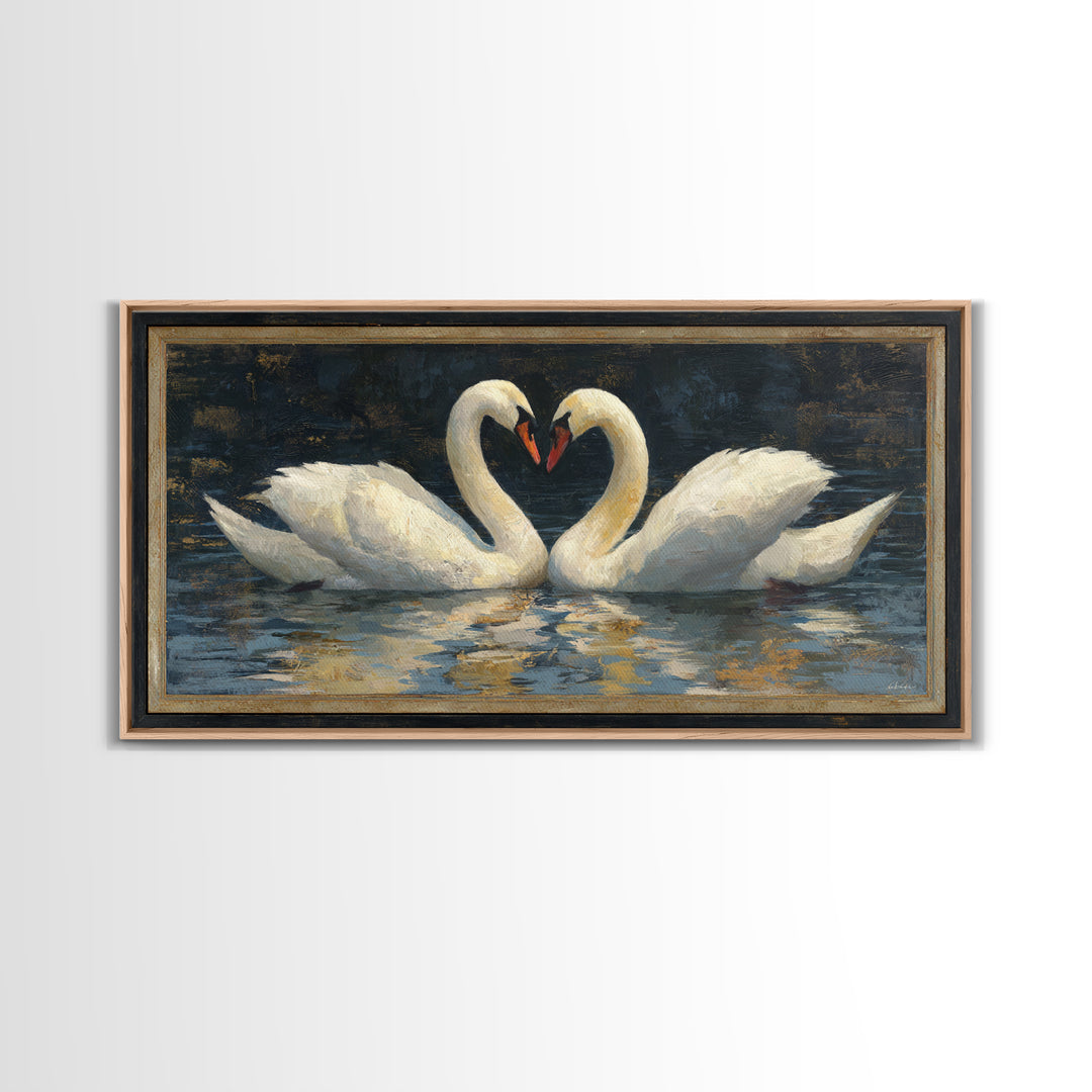 Two Swans Forming a Heart on Dark Canvas Print, Wedding Art, Minimalist Decor, Living Room Decor, Romance, Custom Painting, WED-2x1-94