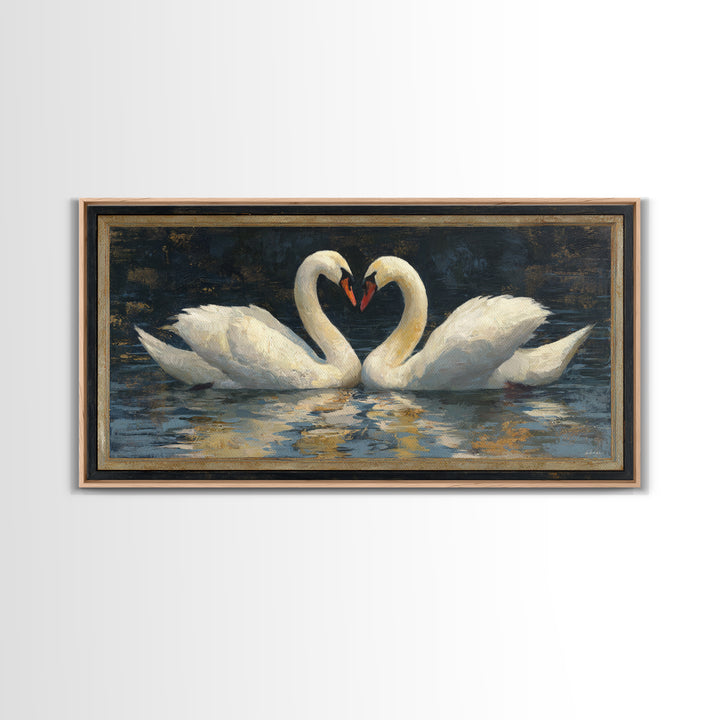 Two Swans Forming a Heart on Dark Canvas Print, Wedding Art, Minimalist Decor, Living Room Decor, Romance, Custom Painting, WED-2x1-94