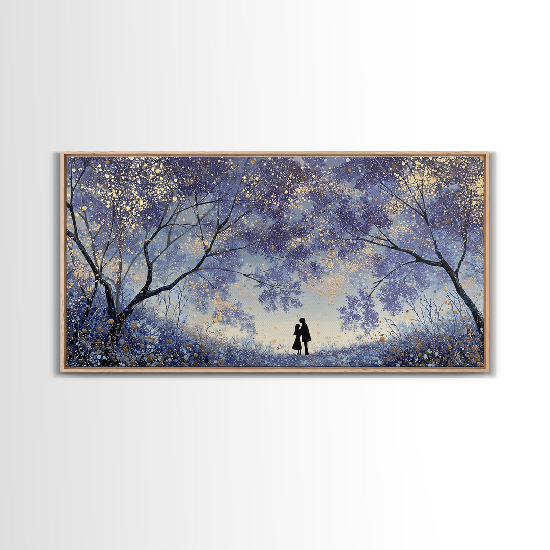 Couple Silhouette Beneath Moonlit Trees Framed Canvas Print, Wedding Art, Wedding Guest Book, Living Room Decor, Romance, WED-2x1-97