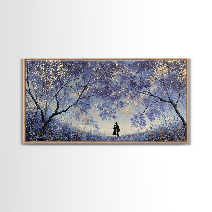 Couple Silhouette Beneath Moonlit Trees Framed Canvas Print, Wedding Art, Wedding Guest Book, Living Room Decor, Romance, WED-2x1-97