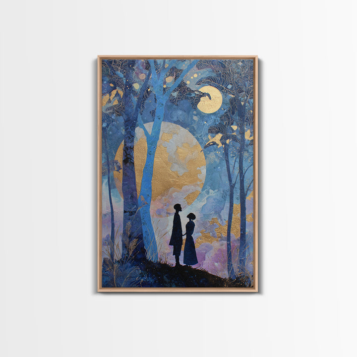 Couple Silhouette Beneath Moonlit Trees Framed Canvas Print, Wedding Art, Room Decor, Living Room Decor, Fine Art, Romance, WED-2x3-13