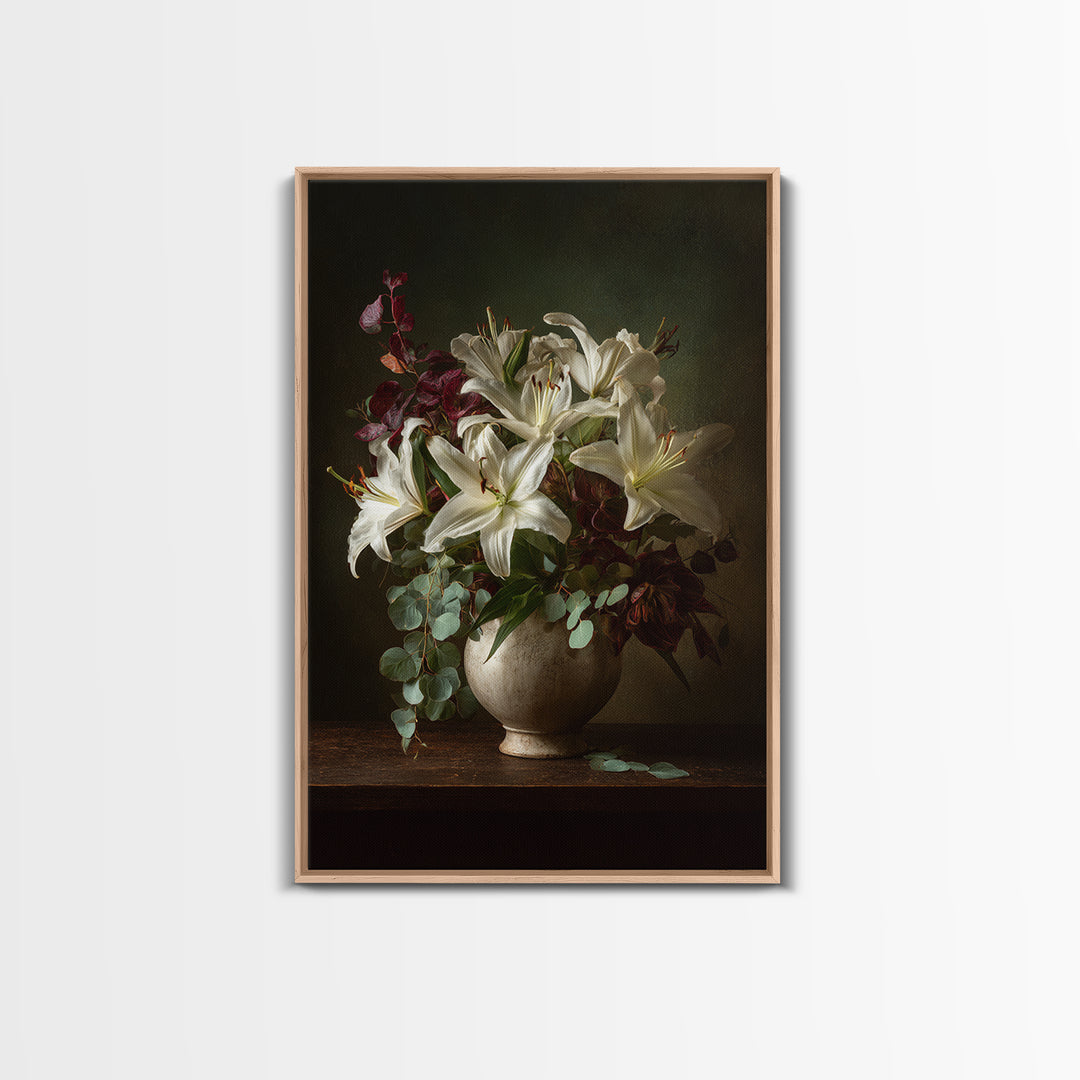 White Lilies and Eucalyptus Arrangement Framed Canvas Print, Wedding Art, Living Room Decor, Abstract Art, Romance, WED-2x3-17