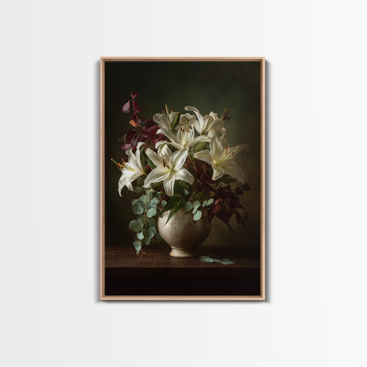 White Lilies and Eucalyptus Arrangement Framed Canvas Print, Wedding Art, Living Room Decor, Abstract Art, Romance, WED-2x3-17