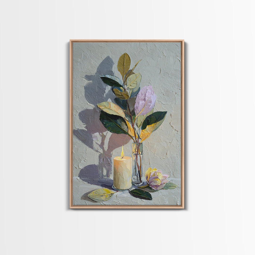 Romantic Candle and Floral Still Life Framed Canvas Print, Wedding Art, Gallery Decor, Living Room Decor, Oil Painting, Romance, WED-2x3-30