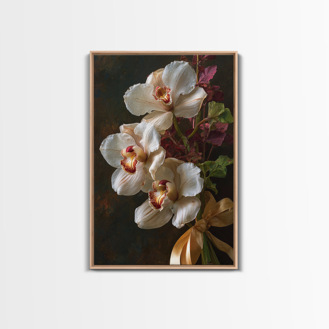 White Orchid and Gold Ribbon Composition Canvas Print, Wedding Art, Downloadable Art, Living Room Decor, Fine Art, Romance, WED-2x3-32