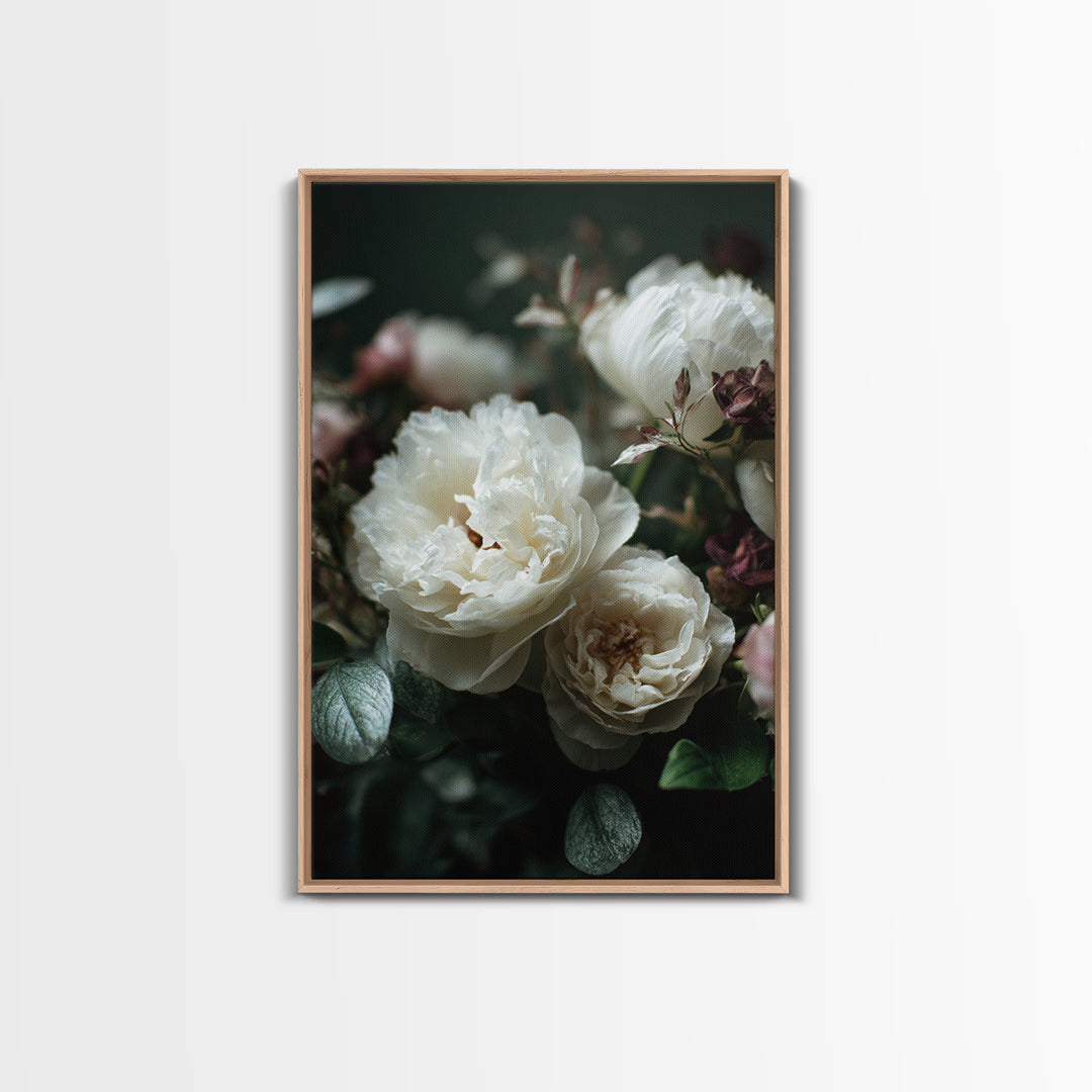 Romantic Bouquet of White Roses and Peonies Framed Canvas Print, Wedding Art, Art, Living Room Decor, Watercolor Art, Romance, WED-2x3-33