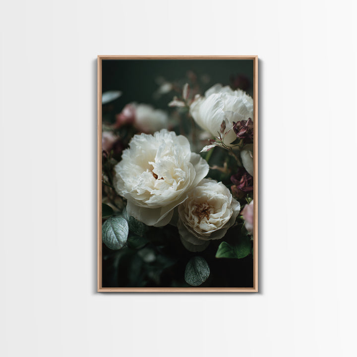 Romantic Bouquet of White Roses and Peonies Framed Canvas Print, Wedding Art, Art, Living Room Decor, Watercolor Art, Romance, WED-2x3-33