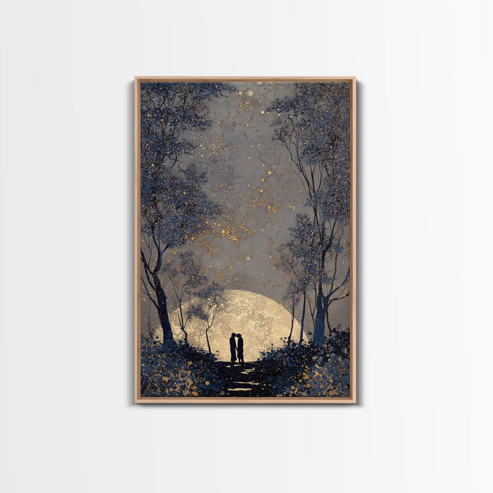 Couple Silhouette Beneath Moonlit Trees Framed Canvas Print, Wedding Art, Room Decor, Living Room Decor, Fine Art, Romance, WED-2x3-37