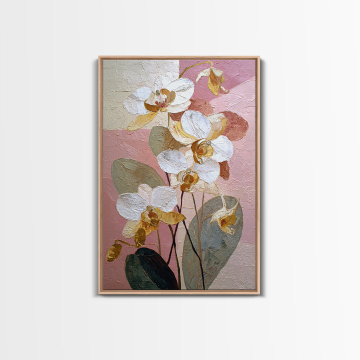 White Orchid and Gold Ribbon Composition Framed Canvas Print, Wedding Art, Wedding Reception, Living Room Decor, Abstract Art, WED-2x3-56