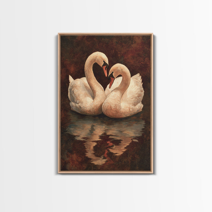 Two Swans Forming a Heart on Dark Canvas Print, Wedding Art, Contemporary Art, Living Room Decor, Fine Art, Romance, Custom Art, WED-2x3-58