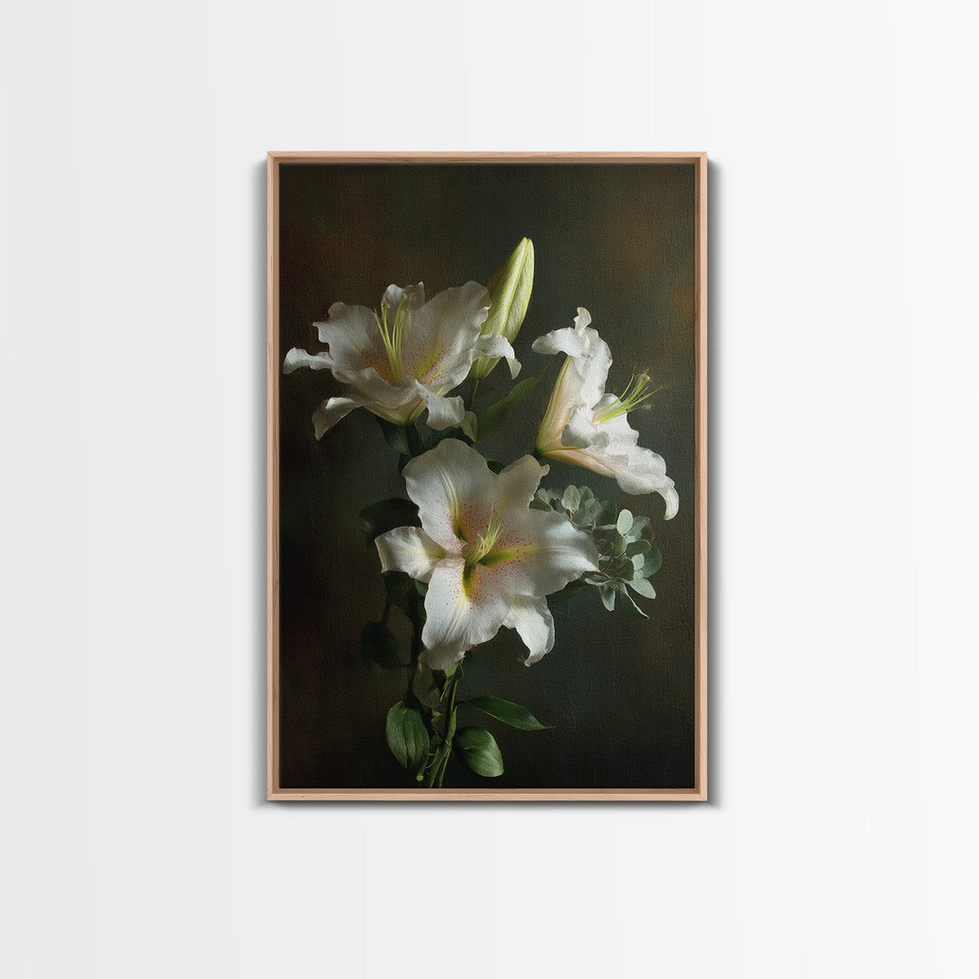 White Lilies and Eucalyptus Arrangement Canvas Print, Wedding Art, Wedding Gift, Living Room Decor, Fine Art, Romance, WED-2x3-65