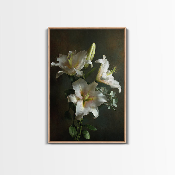 White Lilies and Eucalyptus Arrangement Canvas Print, Wedding Art, Wedding Gift, Living Room Decor, Fine Art, Romance, WED-2x3-65