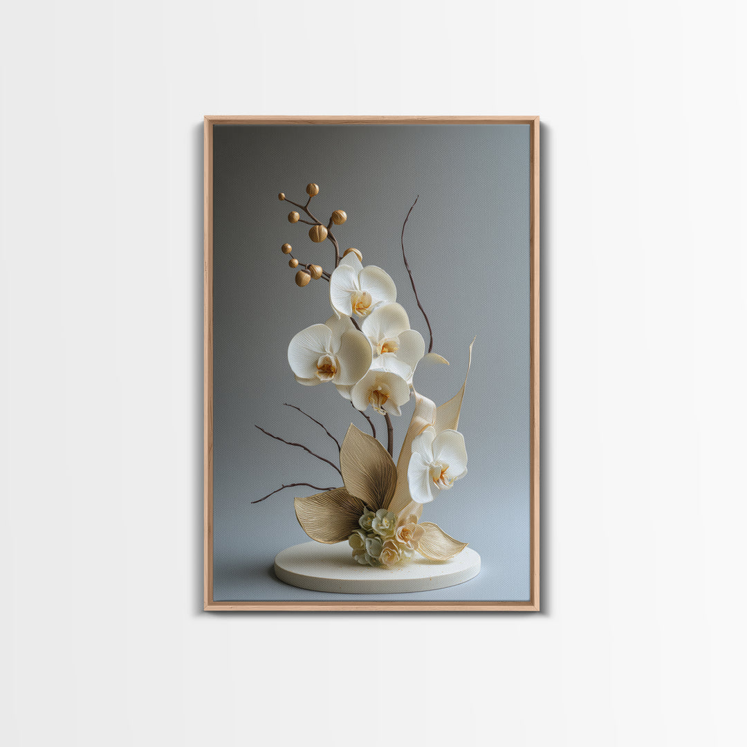 White Orchid and Gold Ribbon Composition Framed Canvas Print, Wedding Art, Custom Art, Living Room Decor, Oil Painting, Romance, WED-2x3-8