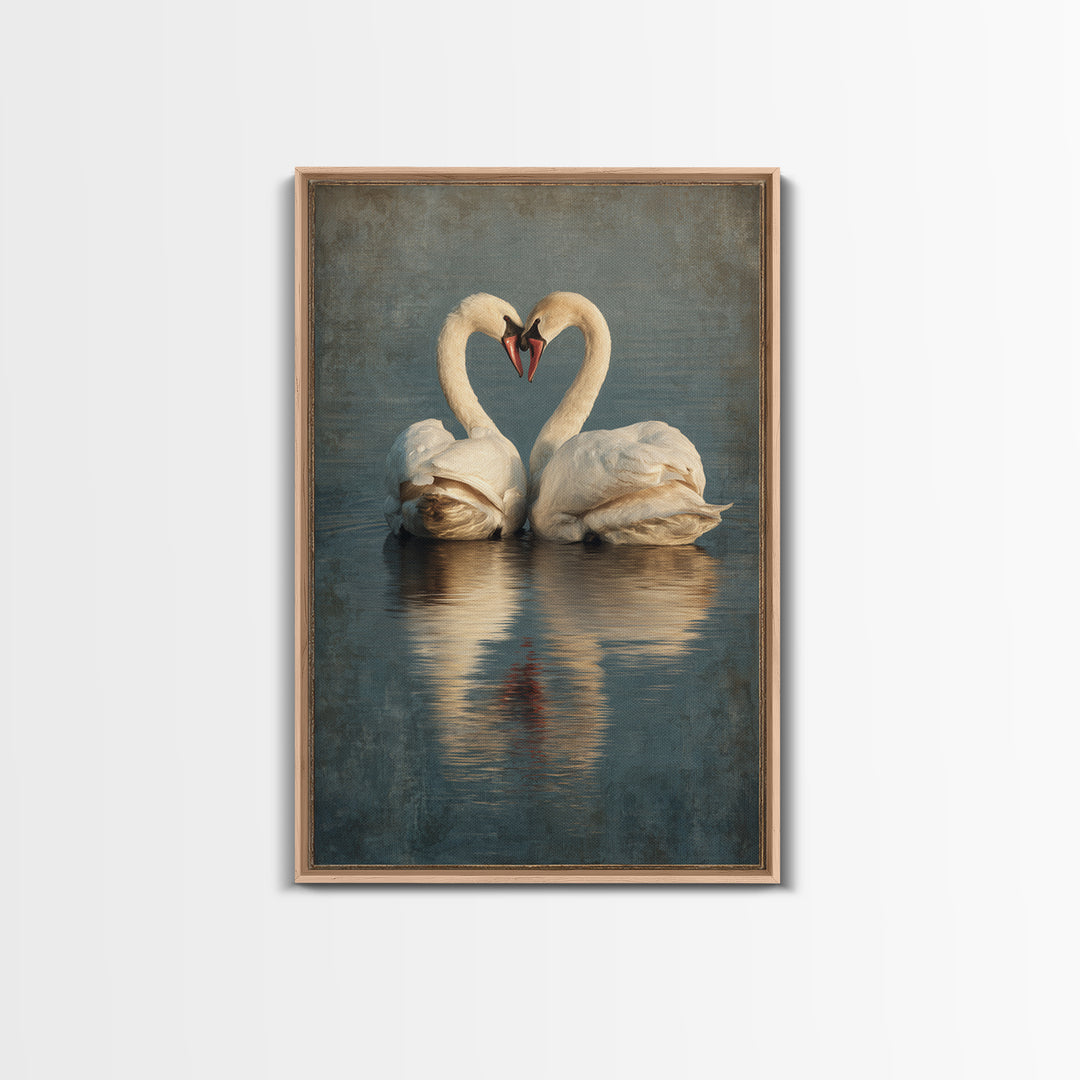 Two Swans Forming a Heart on Dark Canvas Print, Wedding Art, Contemporary Art, Living Room Decor, Fine Art, Romance, Custom Art, WED-2x3-82