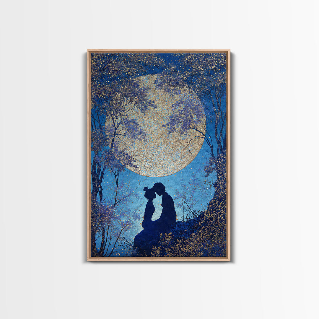 Couple Silhouette Beneath Moonlit Trees Framed Canvas Print, Wedding Art, Wedding Sign, Living Room Decor, Fine Art, Romance, WED-2x3-85