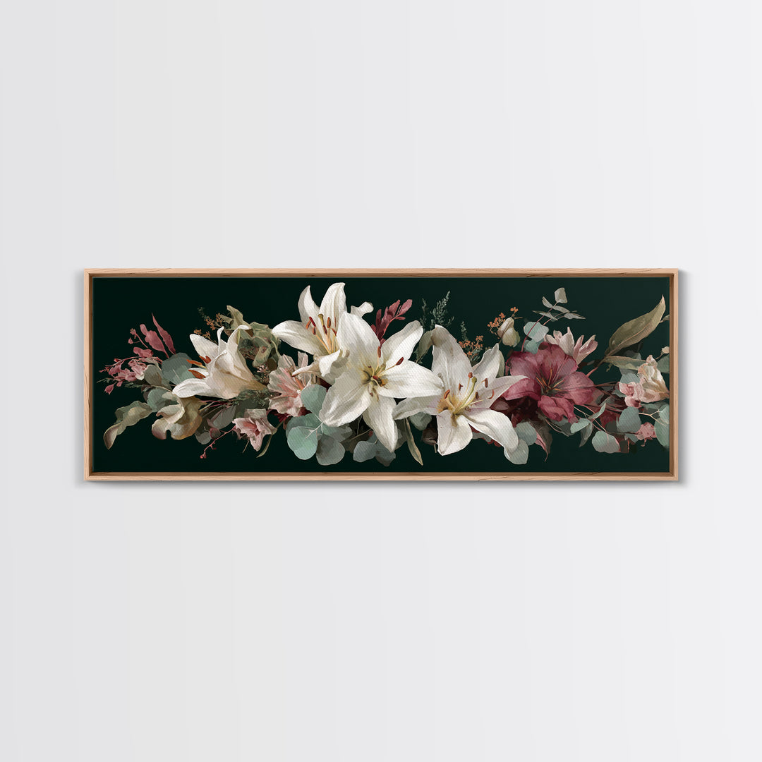 White Lilies and Eucalyptus Arrangement Framed Canvas Print, Wedding Art, Wedding Sign, Living Room Decor, Fine Art, Romance, WED-3x1-1