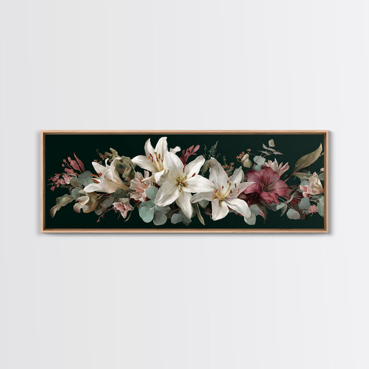 White Lilies and Eucalyptus Arrangement Framed Canvas Print, Wedding Art, Wedding Sign, Living Room Decor, Fine Art, Romance, WED-3x1-1