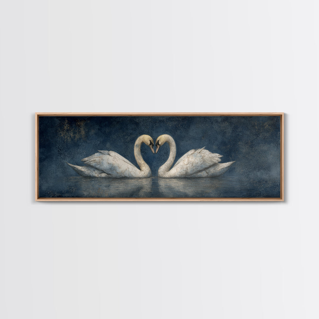 Two Swans Forming a Heart on Dark Framed Canvas Print, Wedding Art, Custom Portrait, Living Room Decor, Fine Art, Romance, WED-3x1-18