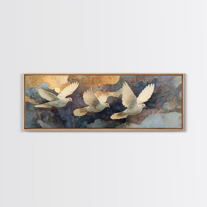 Doves Flying Through Soft Golden Light Framed Canvas Print, Wedding Art, Neutral Decor, Living Room Decor, Fine Art, Romance, WED-3x1-27