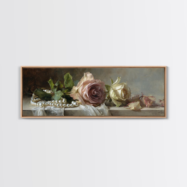 Pearl Necklace and Rose Still Life Framed Canvas Print, Wedding Art, Wedding Painting, Living Room Decor, Oil Painting, Romance, WED-3x1-28