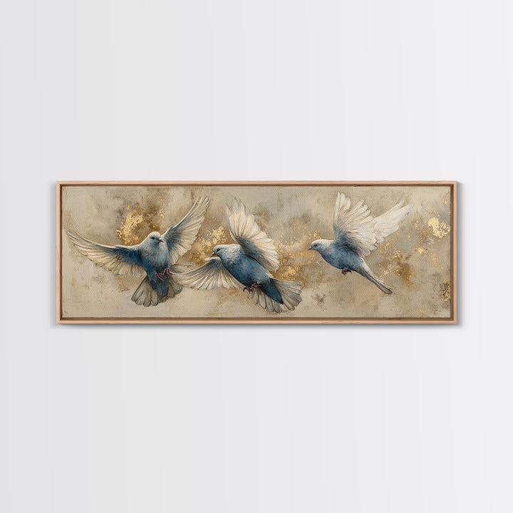 Doves Flying Through Soft Golden Light Canvas Print, Wedding Art, Personalized Wedding, Living Room Decor, Fine Art, Romance, WED-3x1-3