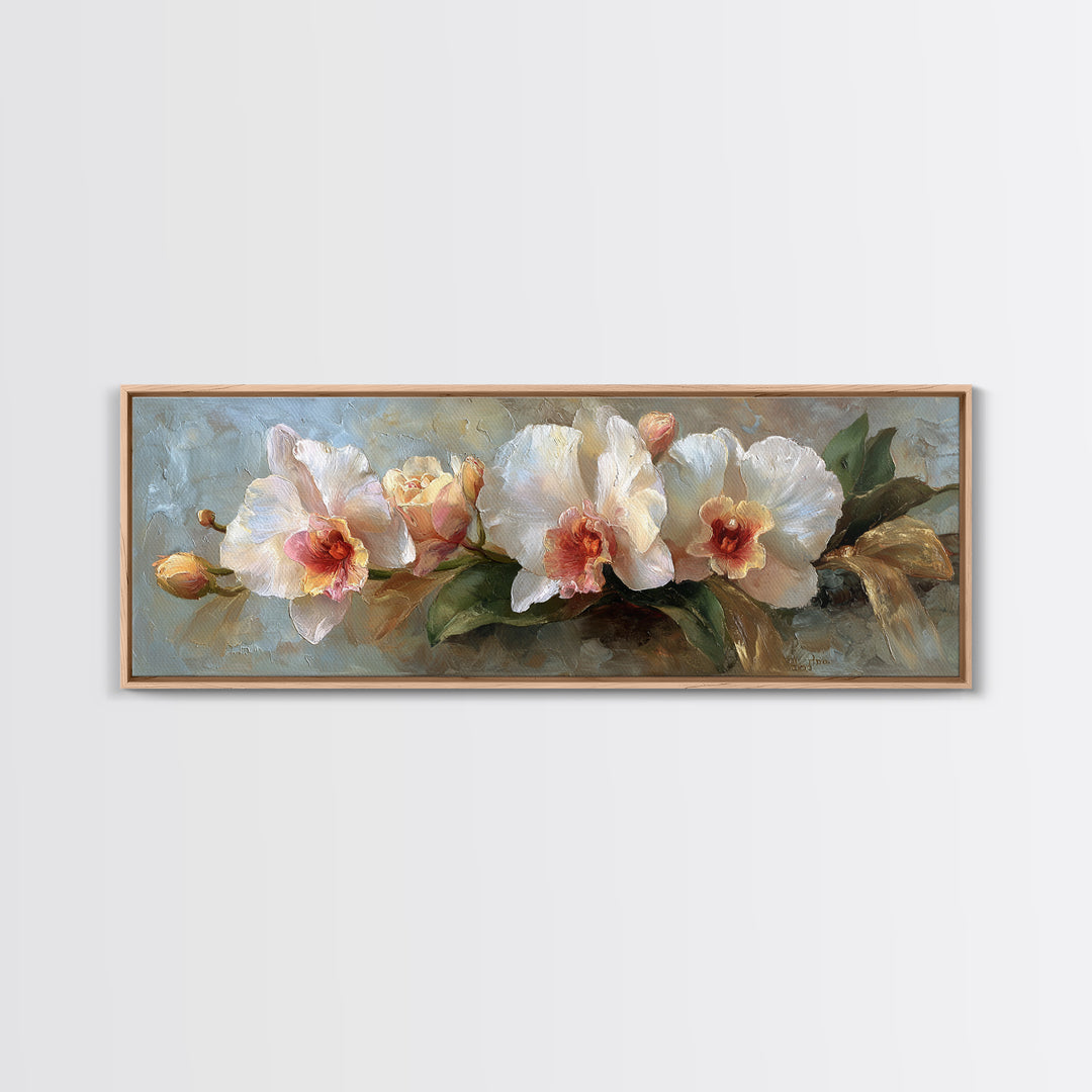White Orchid and Gold Ribbon Composition Canvas Print, Wedding Art, Wedding Stationery, Living Room Decor, Fine Art, Romance, WED-3x1-40