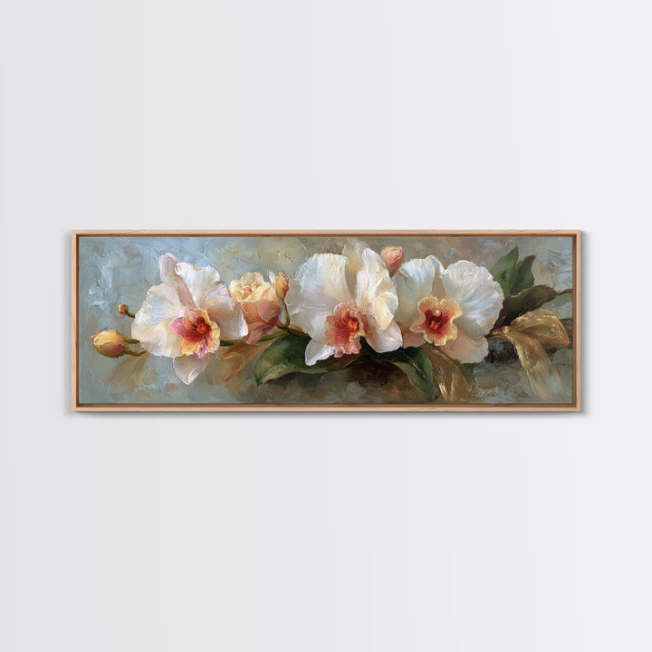 White Orchid and Gold Ribbon Composition Canvas Print, Wedding Art, Wedding Stationery, Living Room Decor, Fine Art, Romance, WED-3x1-40