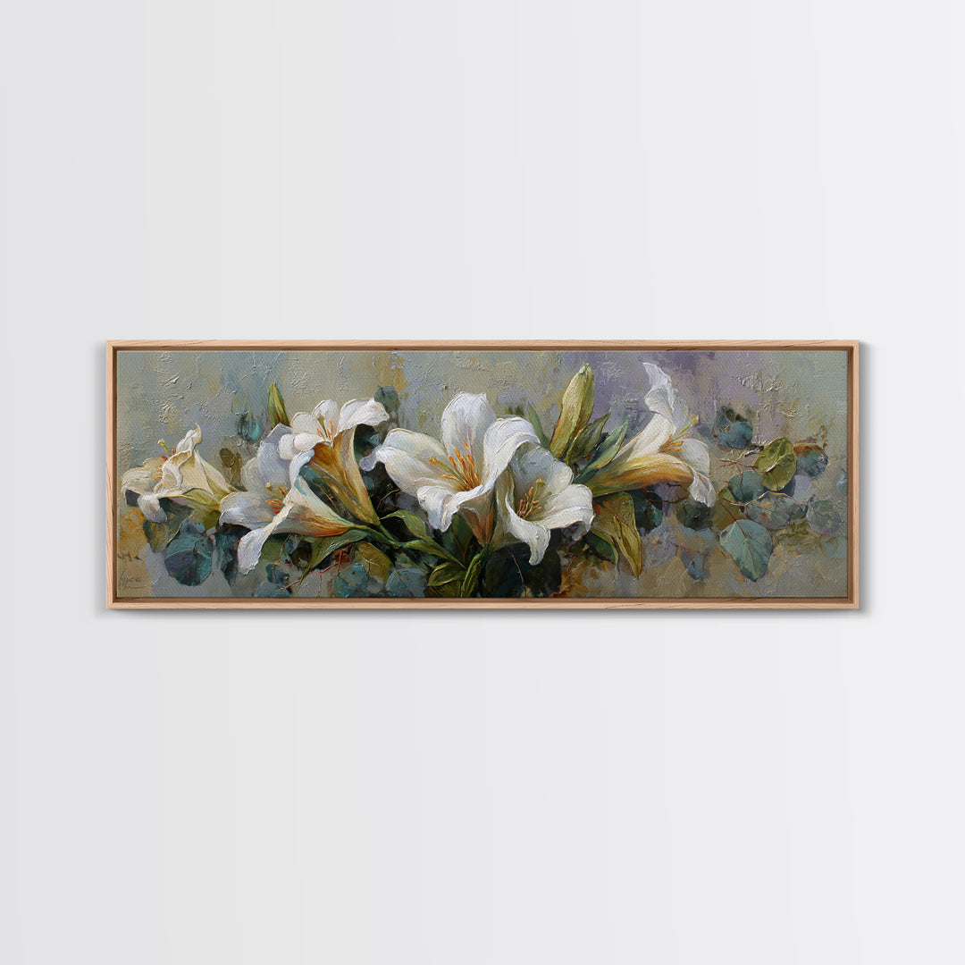 White Lilies and Eucalyptus Arrangement Canvas Print, Wedding Art, Custom Wedding Gift, Living Room Decor, Abstract Art, WED-3x1-49