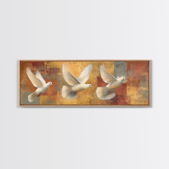 Doves Flying Through Soft Golden Light Framed Canvas Print, Wedding Art, Art, Living Room Decor, Romance, Custom Wedding Gift, WED-3x1-51