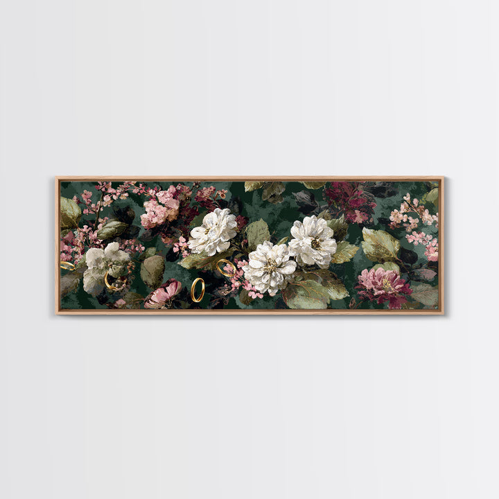 Gold Rings Resting on Velvet and Flowers Framed Canvas Print, Wedding Art, Custom Portrait, Living Room Decor, Romance, WED-3x1-67