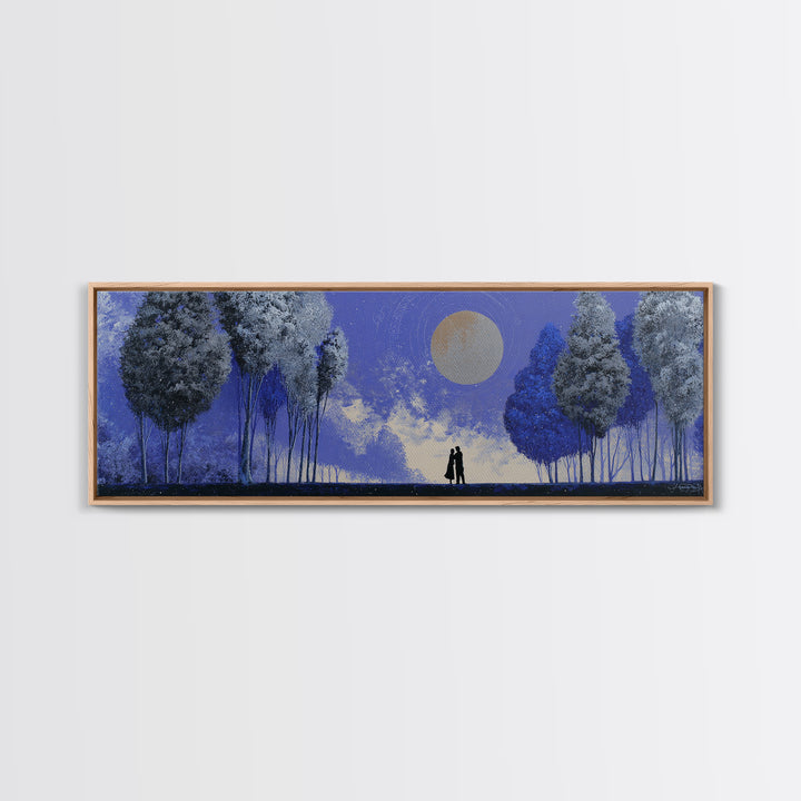 Couple Silhouette Beneath Moonlit Trees Framed Canvas Print, Wedding Art, Downloadable Art, Living Room Decor, Romance, WED-3x1-69