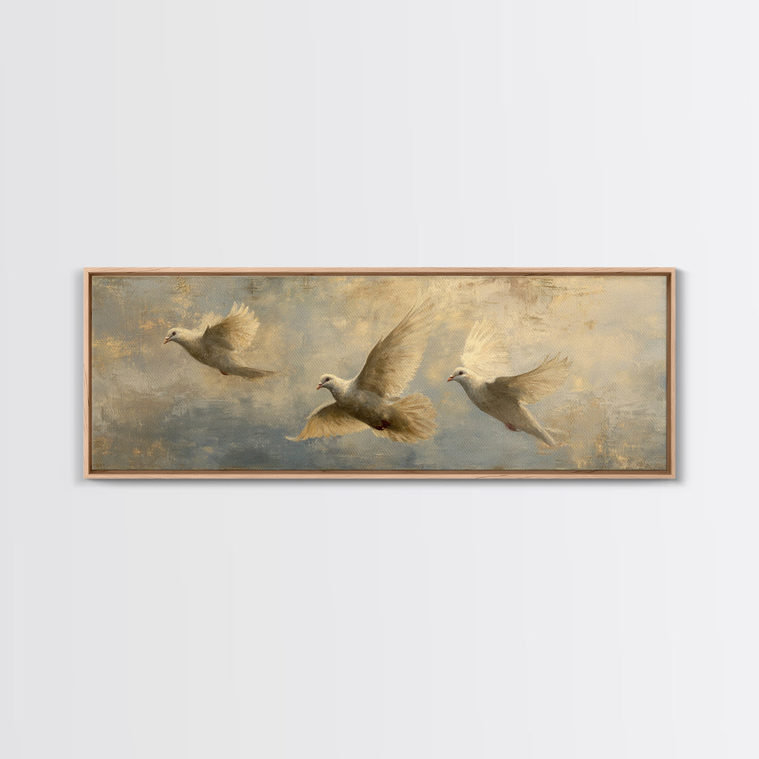 Doves Flying Through Soft Golden Light Canvas Print, Wedding Art, Wedding Guest Book, Living Room Decor, Fine Art, Romance, WED-3x1-75