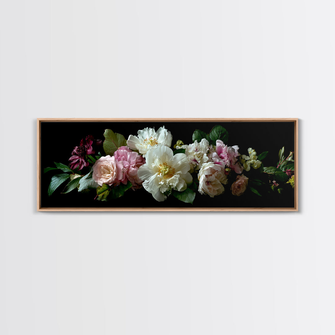 Romantic Bouquet of White Roses and Peonies Framed Canvas Print, Wedding Art, Beach Wedding, Living Room Decor, Oil Painting, WED-3x1-89