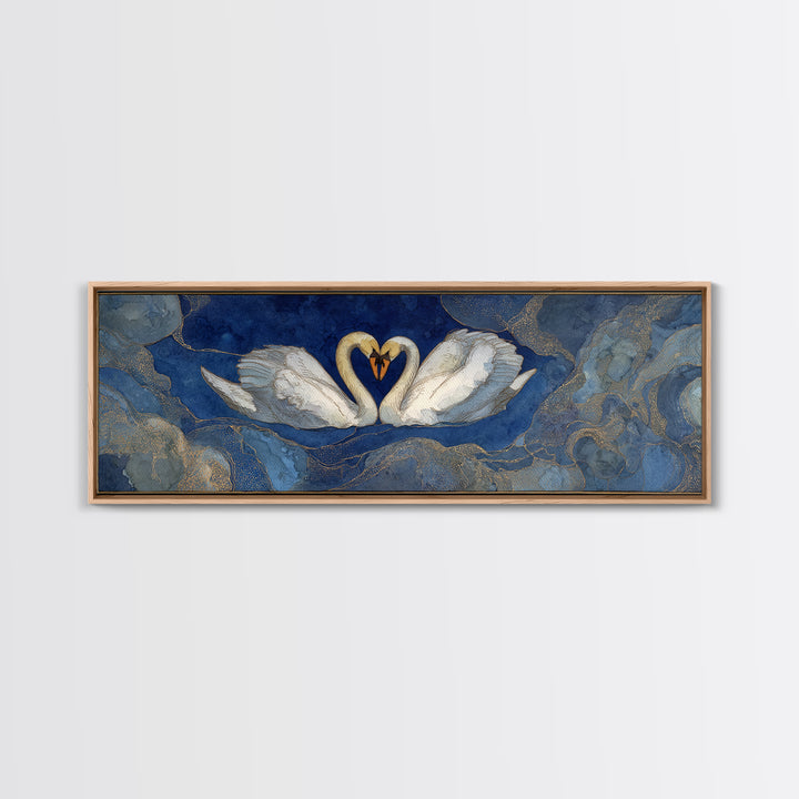 Two Swans Forming a Heart on Dark Framed Canvas Print, Wedding Art, Jewish Art, Living Room Decor, Fine Art, Romance, WED-3x1-90