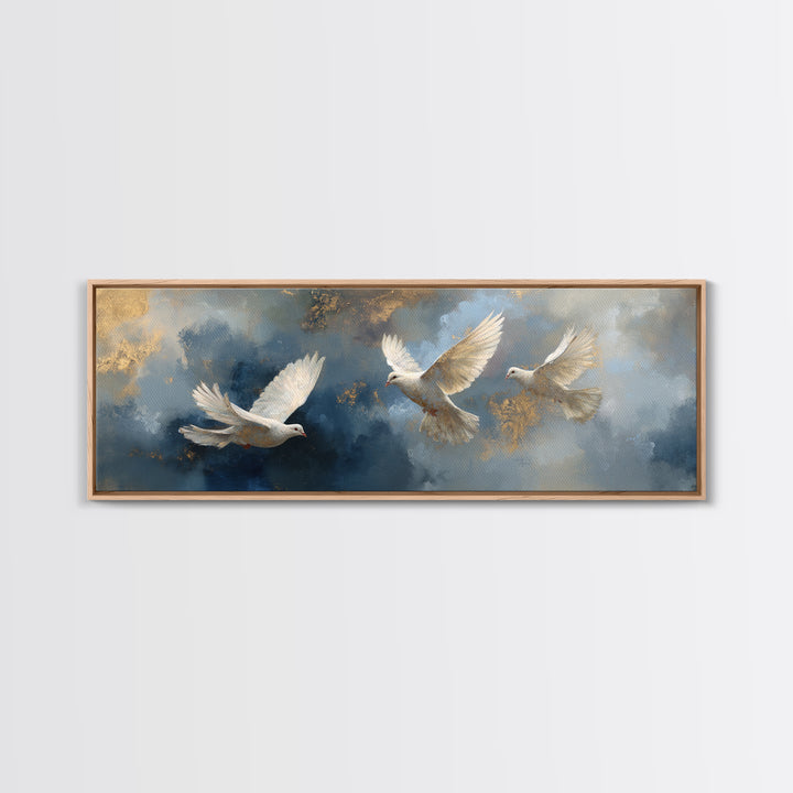 Doves Flying Through Soft Golden Light Framed Canvas Print, Wedding Art, Gallery Decor, Living Room Decor, Fine Art, Romance, WED-3x1-99