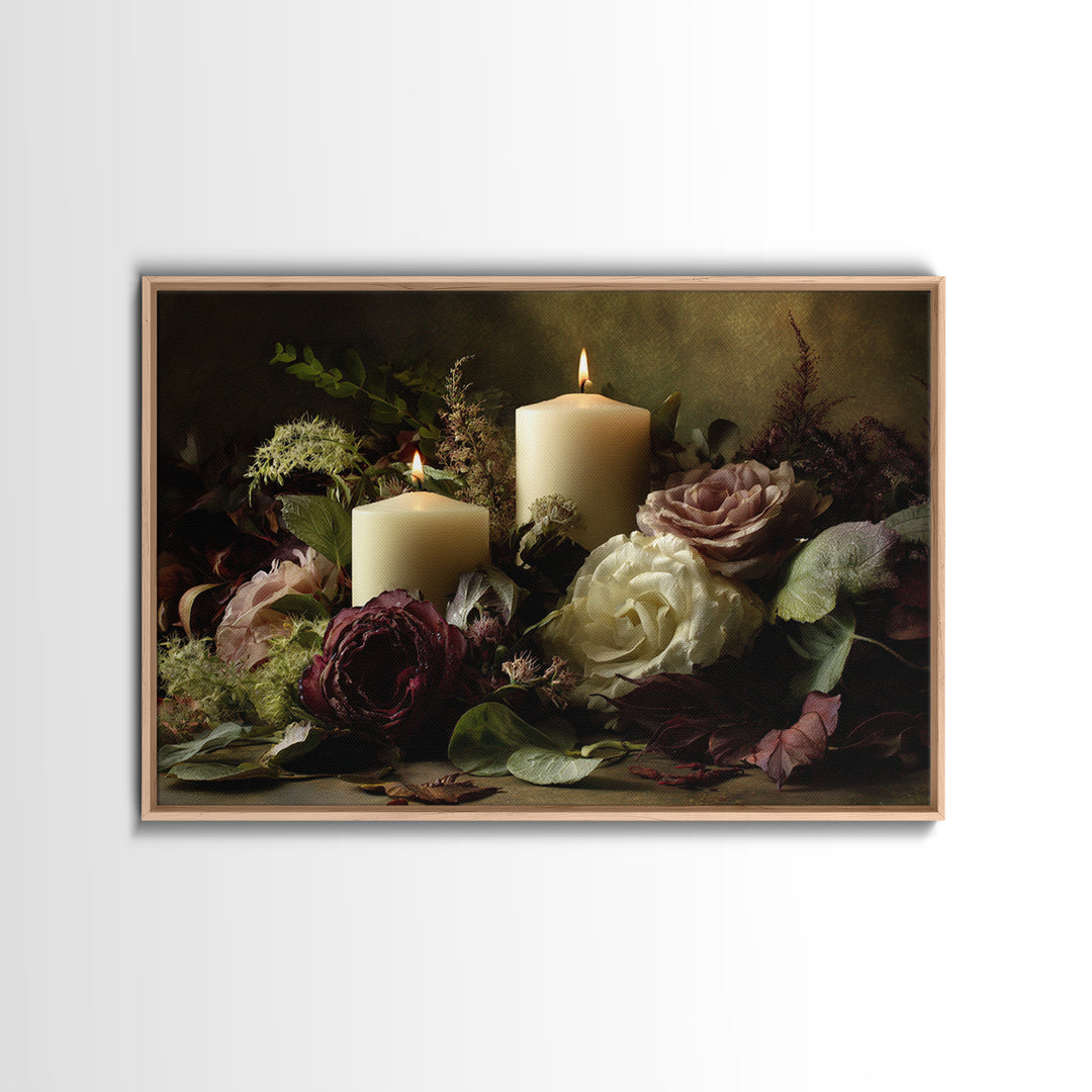 Romantic Candle and Floral Still Life Canvas Print, Wedding Art, Custom Portrait, Living Room Decor, Fine Art, Romance, WED-3x2-26