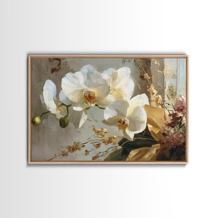 White Orchid and Gold Ribbon Composition Framed Canvas Print, Wedding Art, Wedding, Living Room Decor, Fine Art, Romance, WED-3x2-28