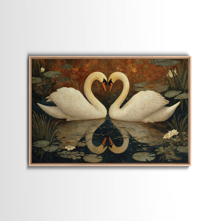 Two Swans Forming a Heart on Dark Canvas Print, Wedding Art, Custom Painting, Living Room Decor, Romance, Wedding Reception, WED-3x2-30