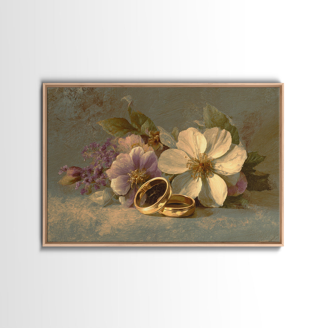 Gold Rings Resting on Velvet and Flowers Framed Canvas Print, Wedding Art, Wedding Guestbook, Living Room Decor, Romance, WED-3x2-31
