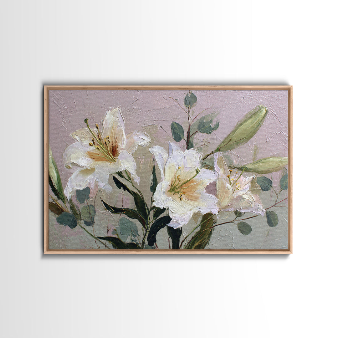 White Lilies and Eucalyptus Arrangement Canvas Print, Wedding Art, Wedding Guestbook, Living Room Decor, Oil Painting, Romance, WED-3x2-37