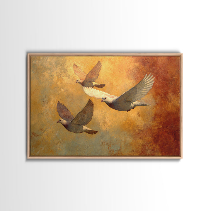 Doves Flying Through Soft Golden Light Framed Canvas Print, Wedding Art, Bride and Groom, Living Room Decor, Fine Art, Romance, WED-3x2-39