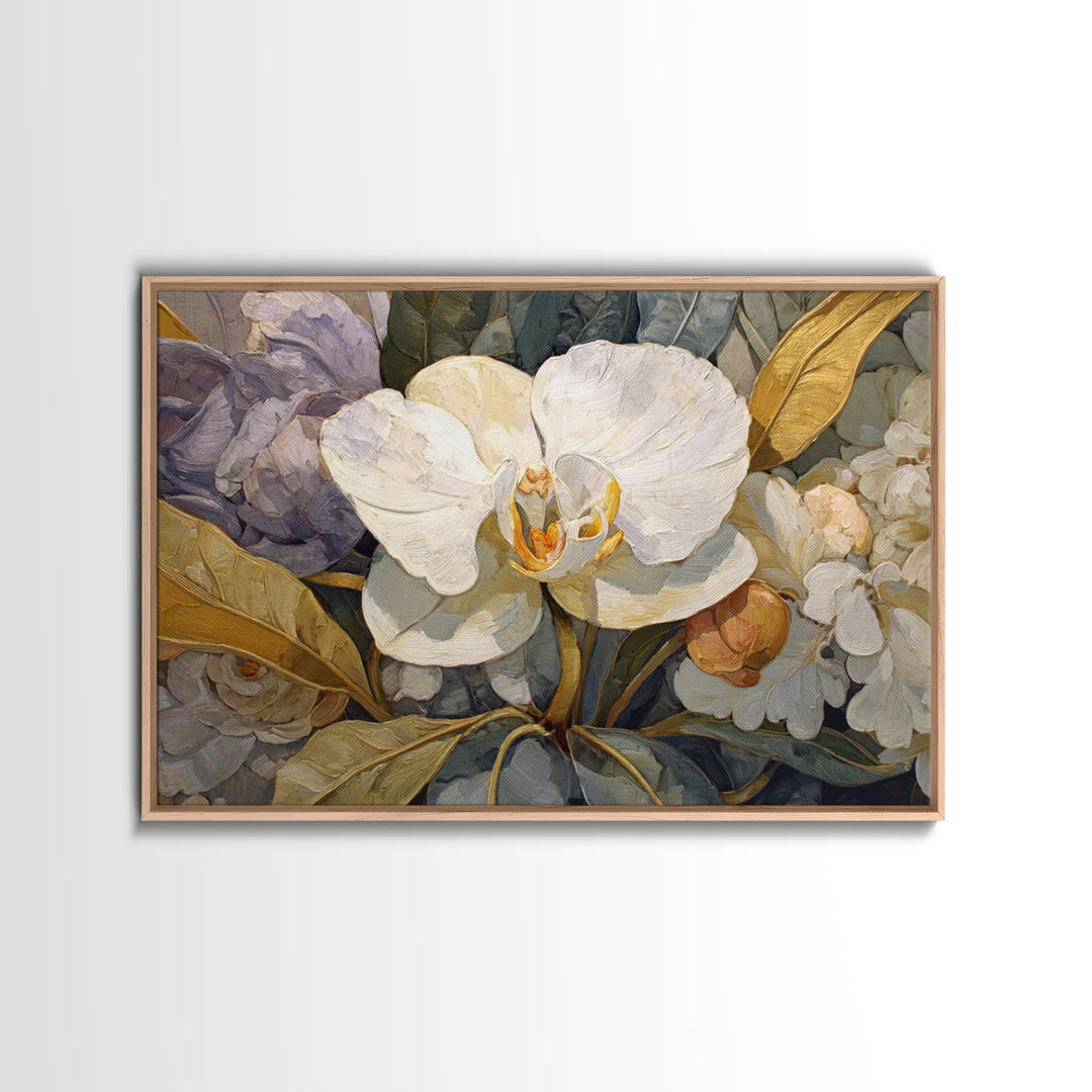 White Orchid and Gold Ribbon Composition Canvas Print, Wedding Art, Wedding Sign, Living Room Decor, Abstract Art, Romance, WED-3x2-52