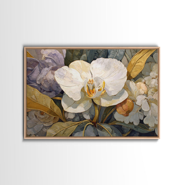 White Orchid and Gold Ribbon Composition Canvas Print, Wedding Art, Wedding Sign, Living Room Decor, Abstract Art, Romance, WED-3x2-52