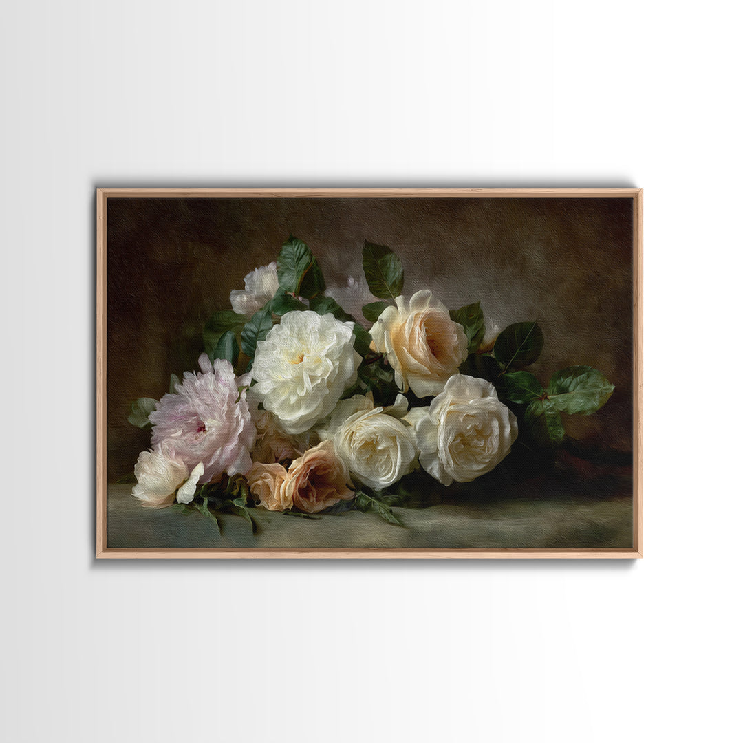 Romantic Bouquet of White Roses and Peonies Canvas Print, Wedding Art, Downloadable Art, Living Room Decor, Fine Art, Romance, WED-3x2-53