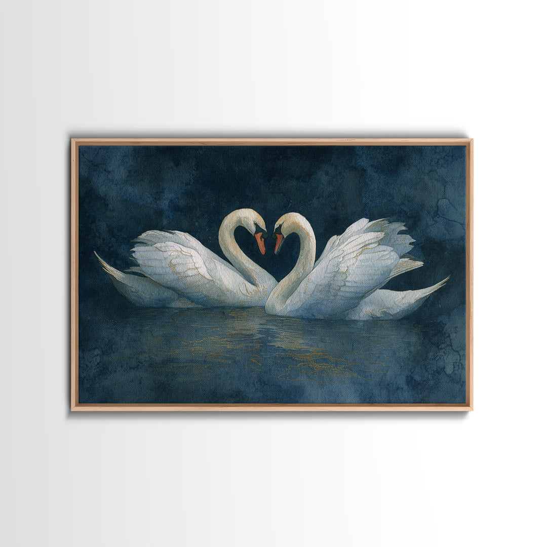 Two Swans Forming a Heart on Dark Framed Canvas Print, Wedding Art, Art Print, Living Room Decor, Romance, Downloadable Art, WED-3x2-6
