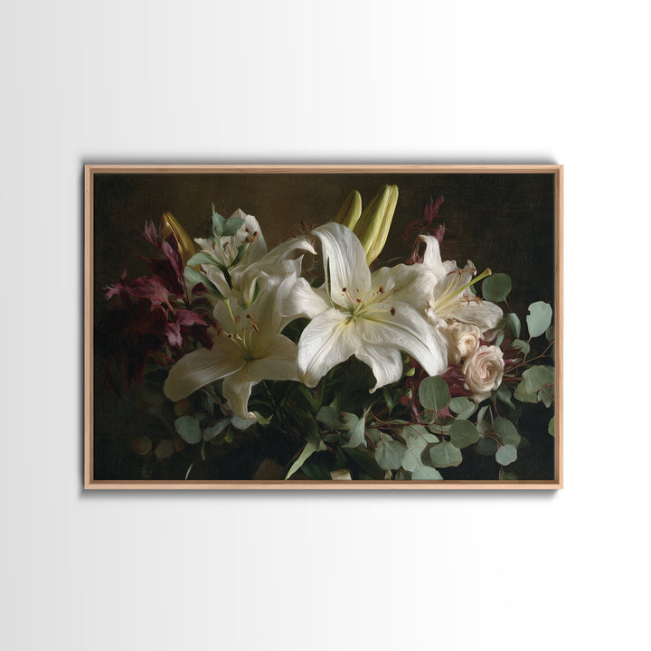 White Lilies and Eucalyptus Arrangement Canvas Print, Wedding Art, Wedding Guestbook, Living Room Decor, Oil Painting, Romance, WED-3x2-61