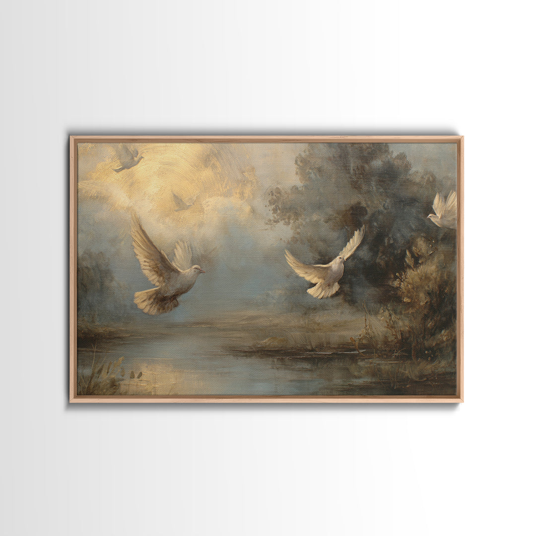 Doves Flying Through Soft Golden Light Framed Canvas Print, Wedding Art, Contemporary Art, Living Room Decor, Fine Art, Romance, WED-3x2-63
