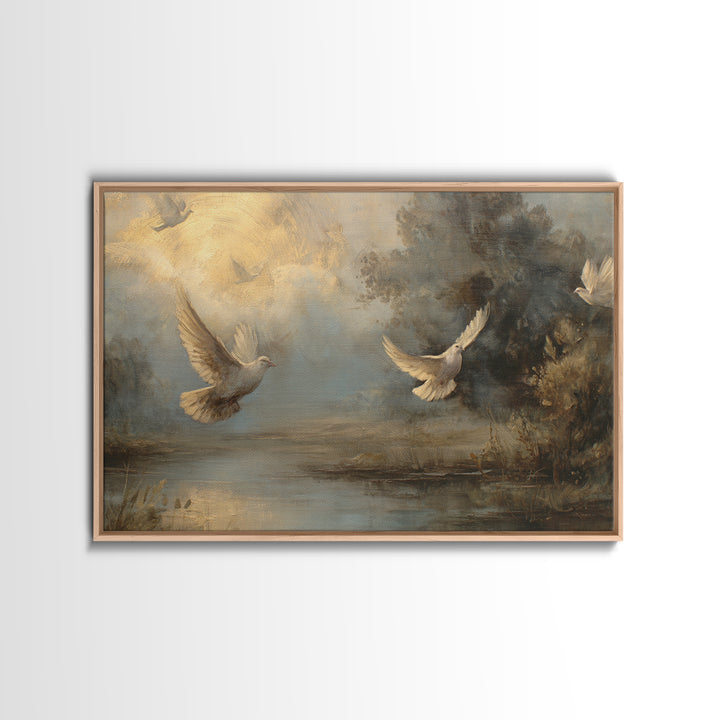 Doves Flying Through Soft Golden Light Framed Canvas Print, Wedding Art, Contemporary Art, Living Room Decor, Fine Art, Romance, WED-3x2-63